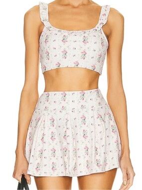 LoveShackFancy Pink Floral Print on Cream Tennis Skort